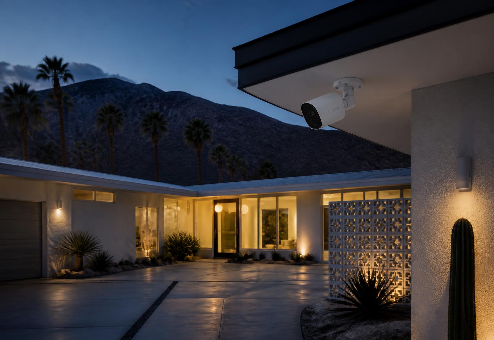 Modern Palm Springs desert home at dusk with a professionally installed outdoor security camera